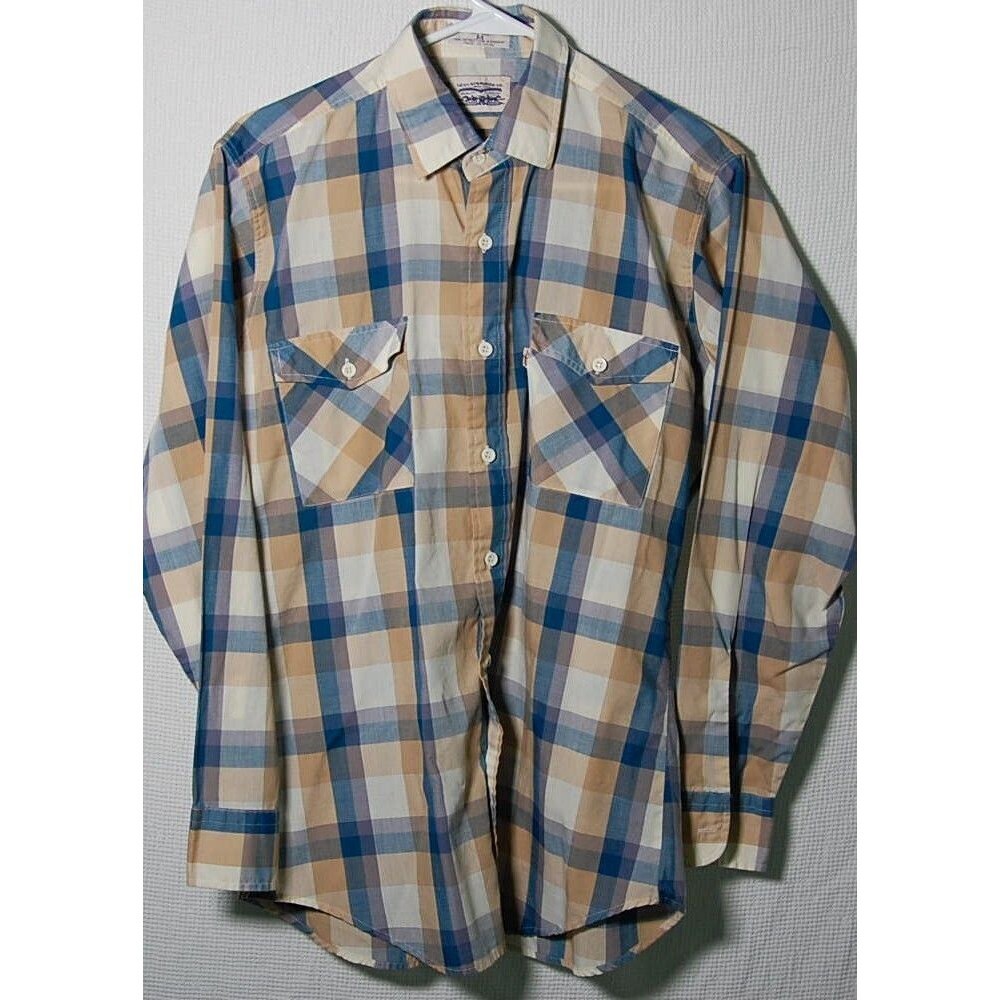 Vintage Levi's Button Down Shirt WPL 423 Sz Medium White Tab Blue Beige Plaid